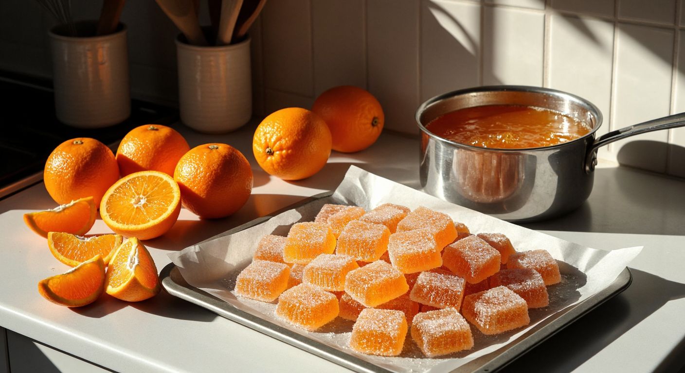 A sunlit Turkish kitchen countertop with fresh orange peels cut into strips, a bubbling pot of orange syrup, and a tray of glistening, sugar-coated dried jelly candies arranged neatly on parchment paper.