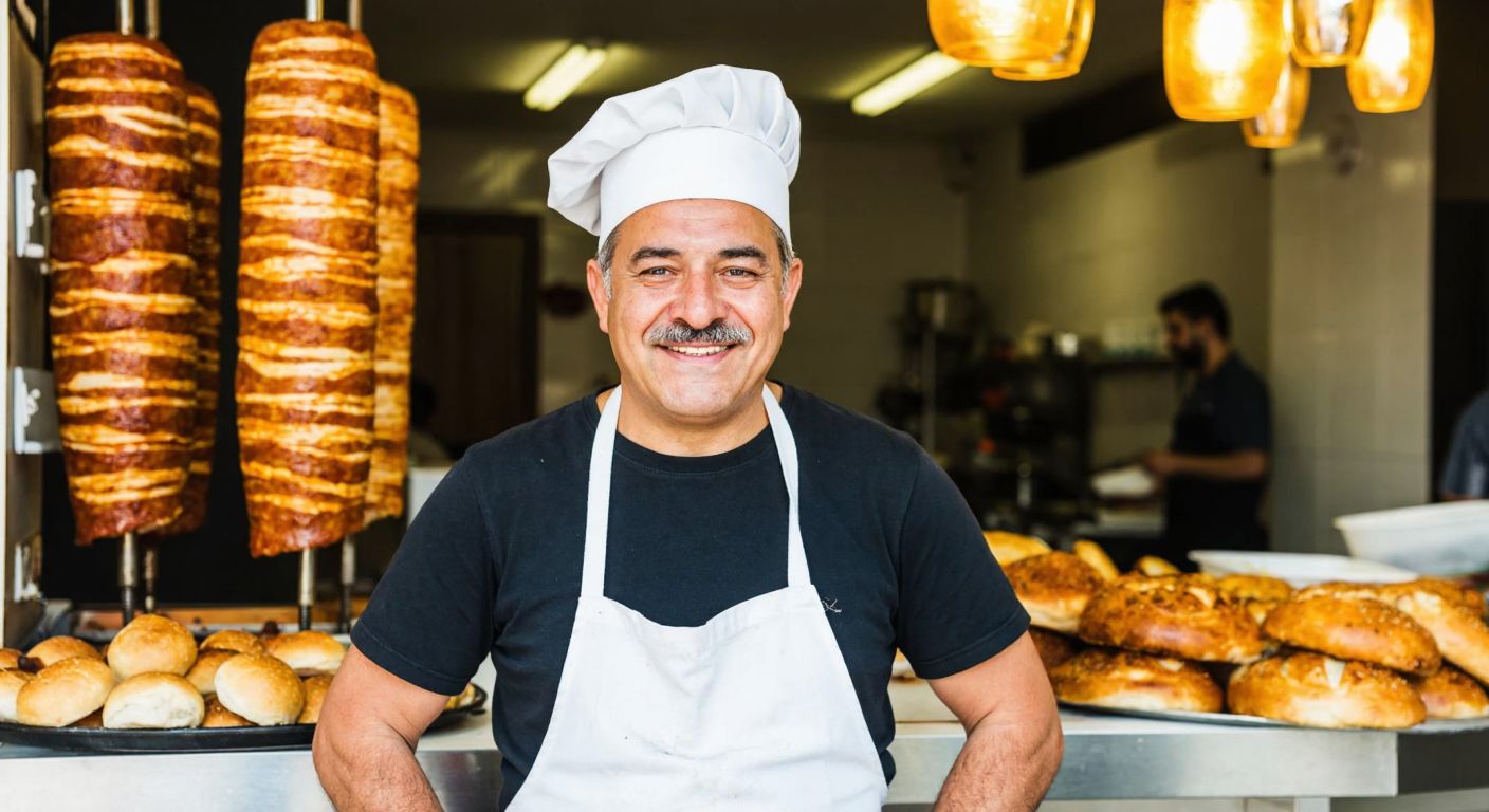 A smiling middle-aged Turkish man with a mustache, wearing a white apron and a chef's hat, stands proudly in front of a bustling döner shop with golden-brown rotating meat and fresh bread on display.