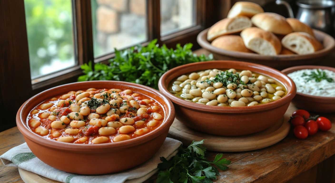 A rustic wooden table in a Turkish kitchen holds two steaming clay bowls—one filled with plump, creamy Dermason beans in a rich tomato sauce, and the other with delicate İspir beans glistening in olive oil, surrounded by fresh herbs and warm bread.