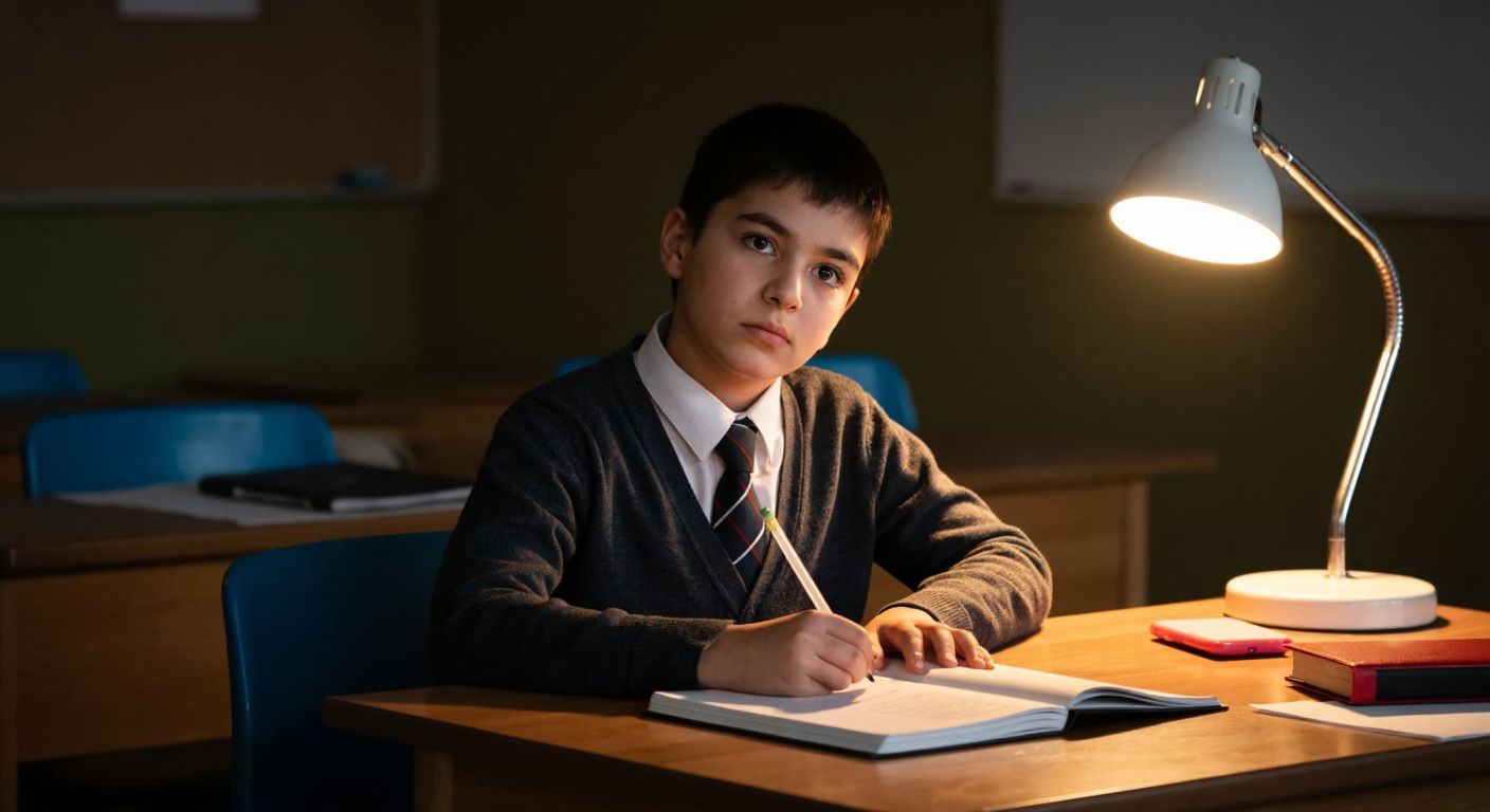 A young Turkish student in a school uniform sits at a wooden desk, looking slightly anxious while flipping through an English textbook, with a pencil case and notebook nearby under the soft glow of a classroom lamp.