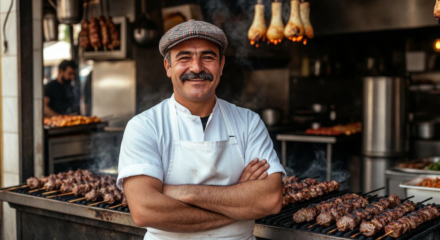 A smiling middle-aged man with a thick mustache, wearing a white apron and a traditional Diyarbakır-style flat cap, stands proudly in front of a bustling kebab restaurant with skewered meats grilling over glowing charcoal.