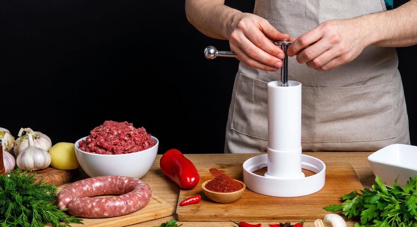 A Turkish kitchen scene with a person wearing an apron, hands covered in spices, carefully stuffing ground meat mixture into sausage casings using a manual sausage stuffer, surrounded by bowls of minced meat, fresh herbs, and spices on a wooden counter.