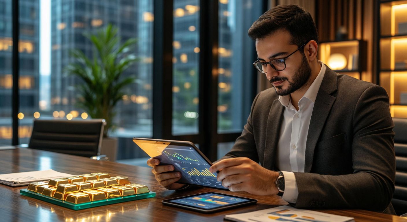 A confident Turkish investor in a modern office studies financial charts on a tablet while a diverse portfolio of assets—gold bars, stocks, and bonds—glows with potential growth on a wooden desk.