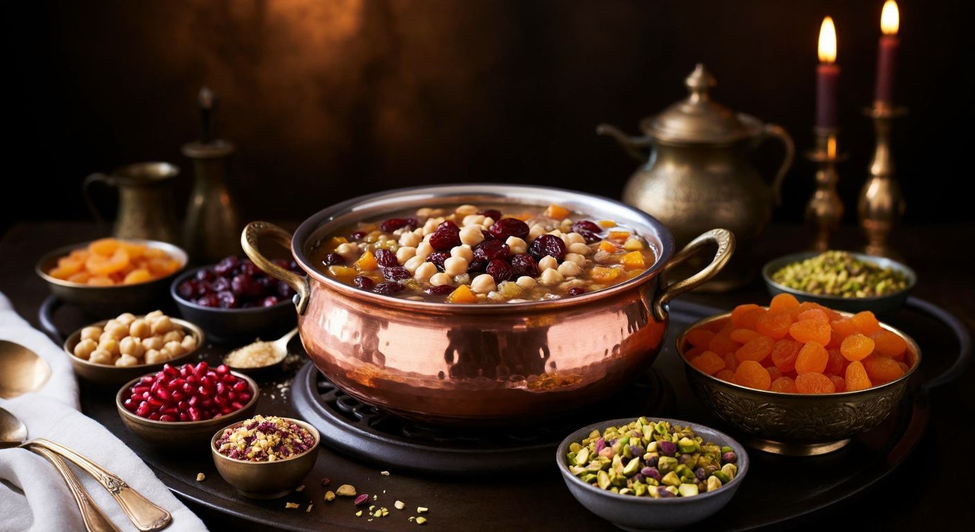 A warm, copper pot filled with bubbling aşure—a rich mix of wheat, chickpeas, dried fruits, and nuts—rests on a stove, surrounded by bowls of colorful garnishes like pomegranate seeds, chopped apricots, and crushed pistachios, evoking the festive tradition of sharing this Turkish dessert.