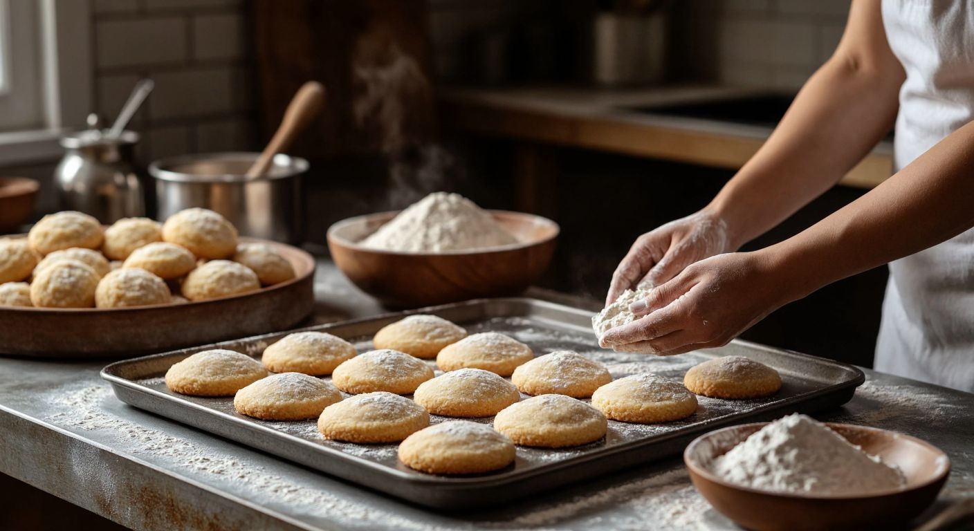 A warm Turkish kitchen with golden-brown cookies on a tray, a bowl of cornstarch and wheat starch nearby, and hands dusted with flour shaping dough.
