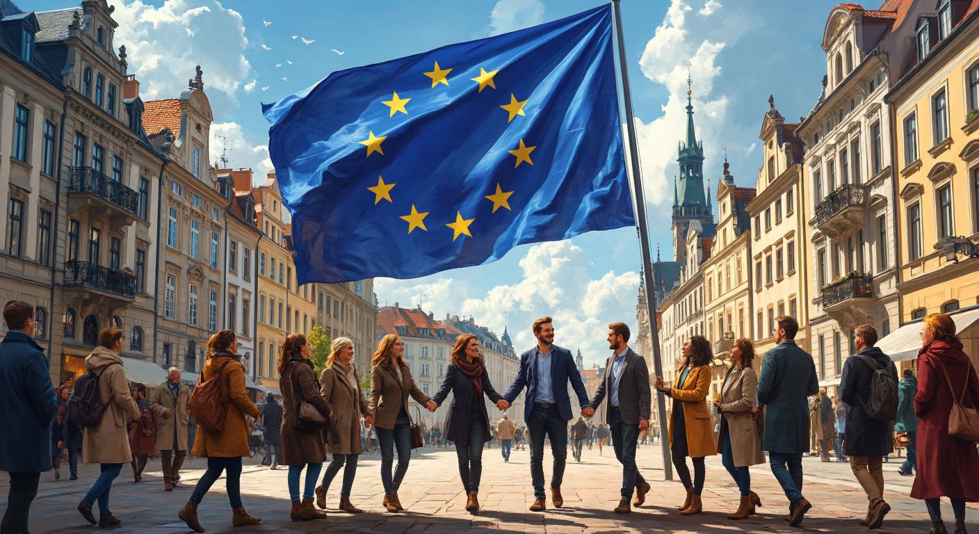 A vibrant European cityscape with diverse people exchanging goods, shaking hands, and walking freely under a large EU flag, symbolizing economic cooperation, political unity, and cultural integration.
