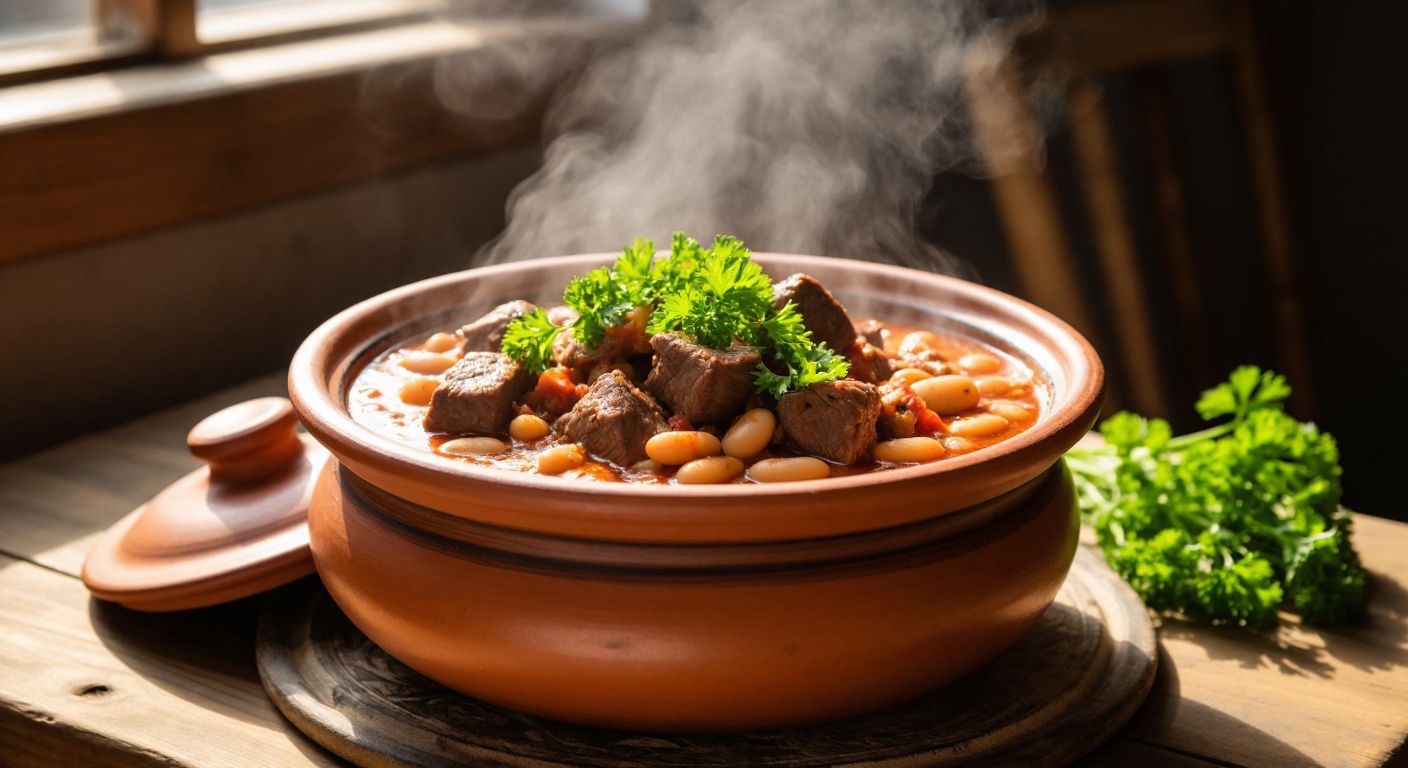 A steaming clay pot of *şeker fasulye* with tender chunks of lamb and beef, garnished with fresh parsley, resting on a rustic wooden table in a sunlit Turkish kitchen.