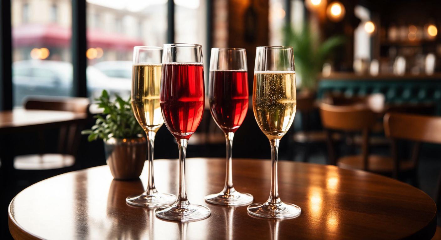 A polished wooden table in a cozy Turkish café holds a set of elegant Paşabahçe Wavy glasses—fluted champagne flutes, red and white wine glasses—filled with sparkling and deep-red drinks, reflecting soft candlelight.