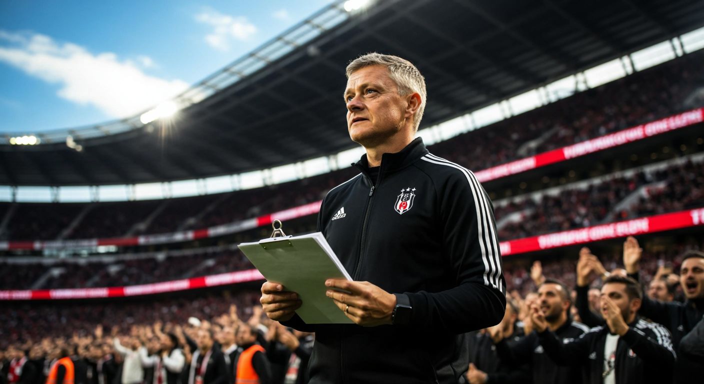 A confident Ole Gunnar Solskjaer stands on the sidelines of Vodafone Park stadium in a Beşiktaş jersey, holding a clipboard while fans cheer in the stands under a bright Istanbul sky.