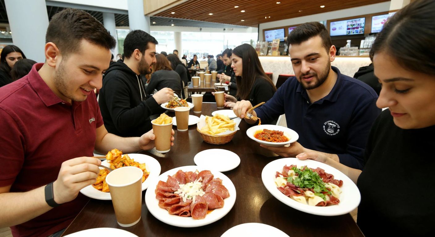 A bustling restaurant in Ankara's Ankamall with a mix of satisfied and disappointed customers, some enjoying plates of Kayseri-style mantı and pastırma while others frown at small portions served in cardboard cups.