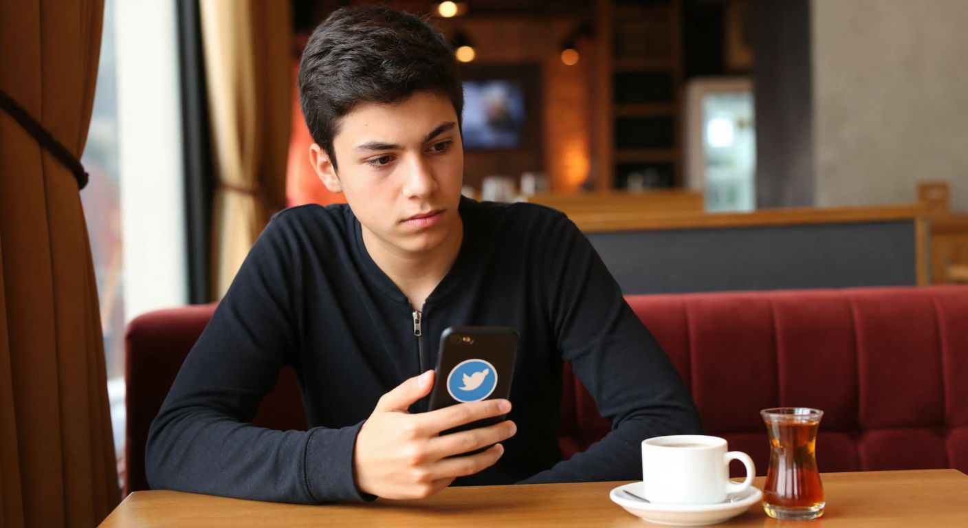 A young person in Turkey, looking slightly confused while holding a smartphone with a Twitter app open, surrounded by a cozy café setting with a cup of Turkish tea on the table.