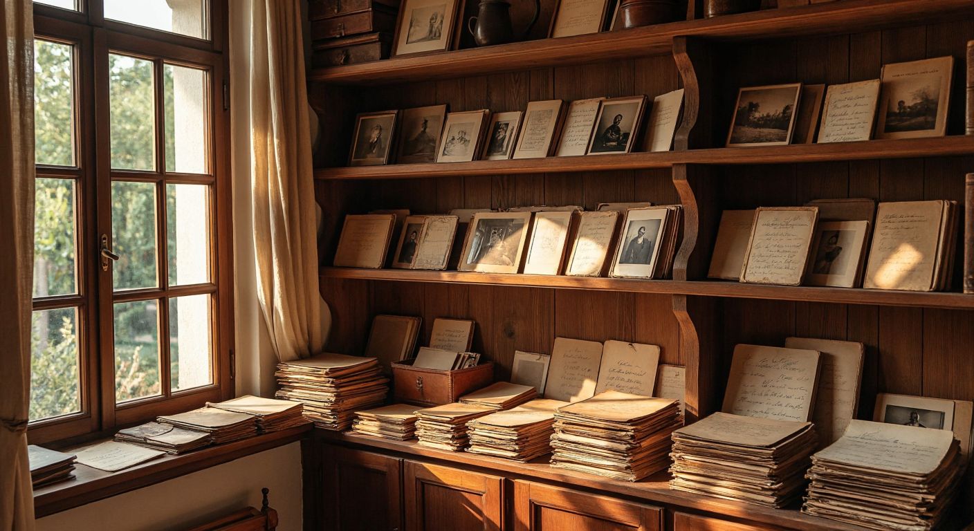 A warm, sunlit room in a Turkish home with wooden shelves neatly holding stacks of old photographs, handwritten letters, and leather-bound journals, evoking a sense of personal history and quiet nostalgia.
