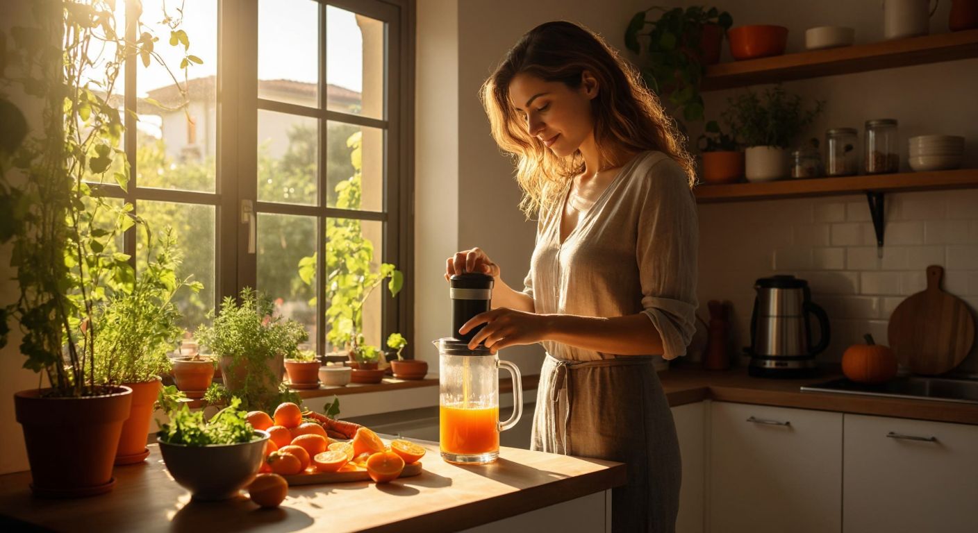 A Turkish woman with rolled-up sleeves stands in a sunlit kitchen, pressing fresh orange carrots into a sleek juicer while vibrant juice streams into a glass pitcher below.