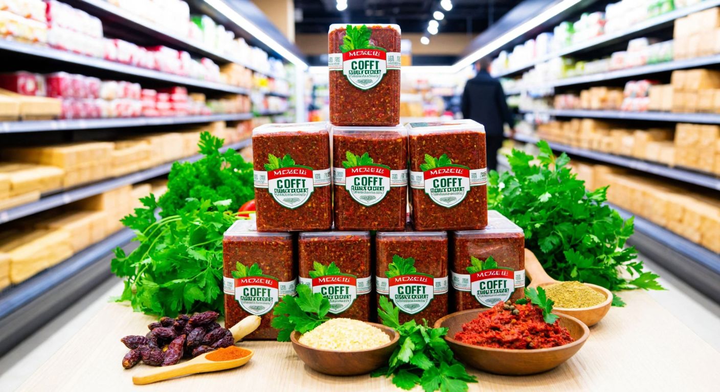 A vibrant Turkish supermarket aisle with neatly stacked packages of M.Z.EGE çiğköfte, surrounded by fresh herbs, spices, and traditional ingredients like bulgur and red pepper paste.
