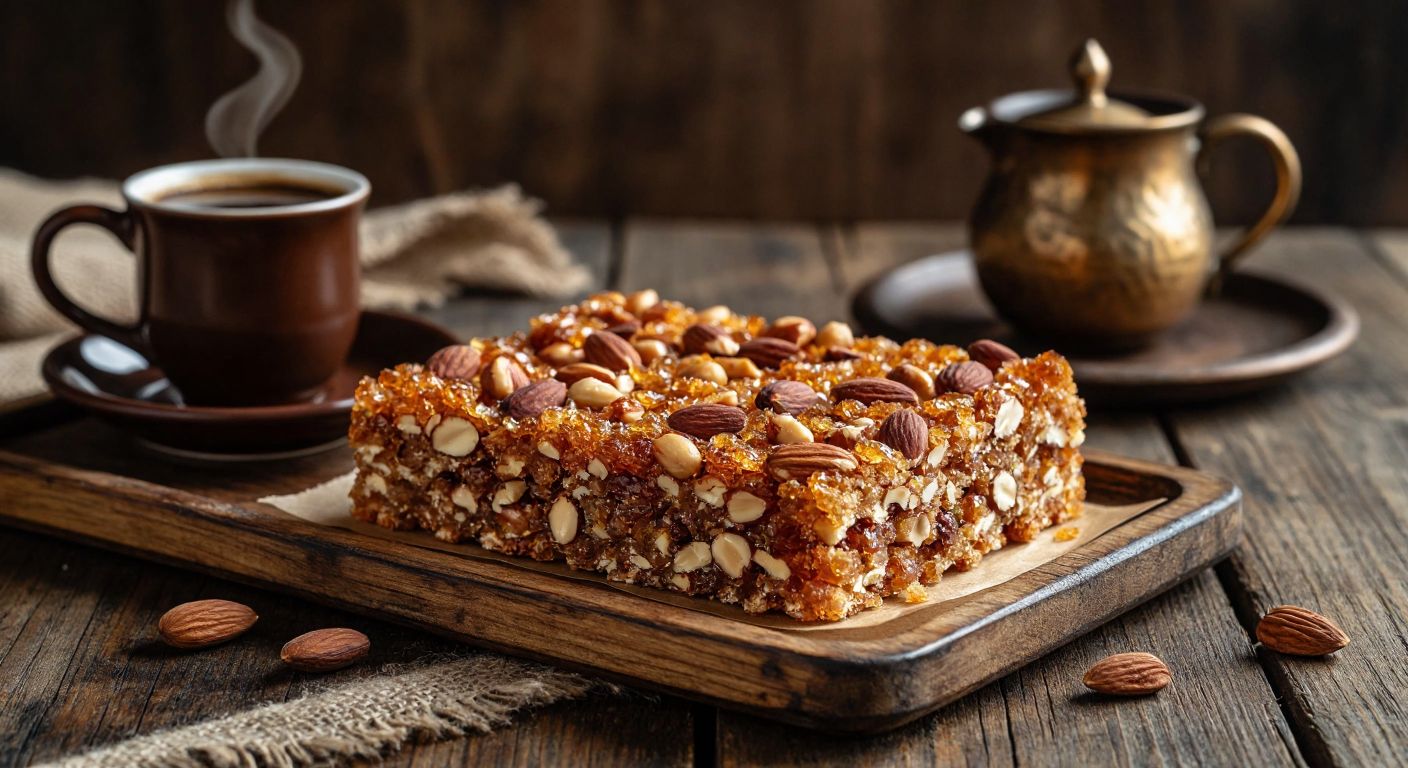 A golden-brown, crunchy krokan made of caramelized sugar and mixed nuts, resting on a rustic wooden tray beside a steaming cup of Turkish coffee, evoking warmth and indulgence.