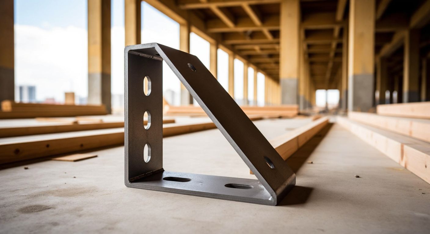 A sturdy, L-shaped metal bracket made of steel or aluminum, resting on a construction site with beams and columns in the background, showcasing its structural use.