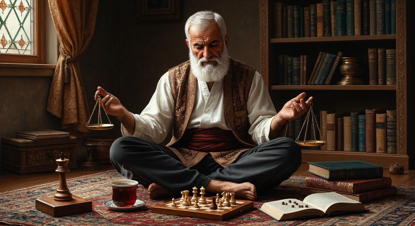 A thoughtful Turkish elder with a white beard sits cross-legged on a woven rug, holding a set of wooden balance scales in one hand and a chess piece in the other, surrounded by scattered books, a steaming cup of Turkish coffee, and a half-solved sudoku puzzle on a low wooden table.