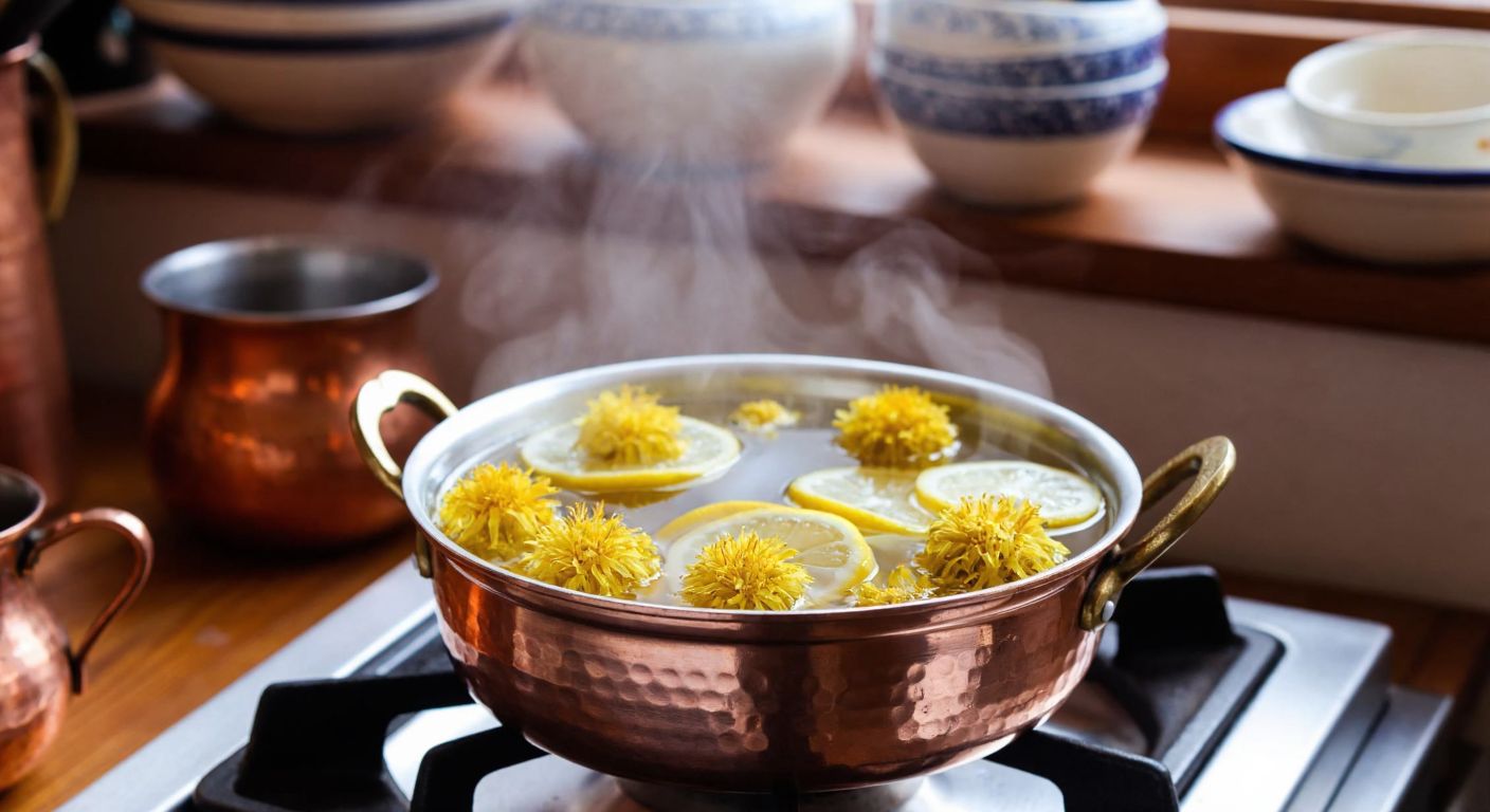 A steaming copper pot on a stovetop holds golden linden flowers and lemon slices in bubbling water, surrounded by a warm, cozy Turkish kitchen with wooden shelves and ceramic bowls.