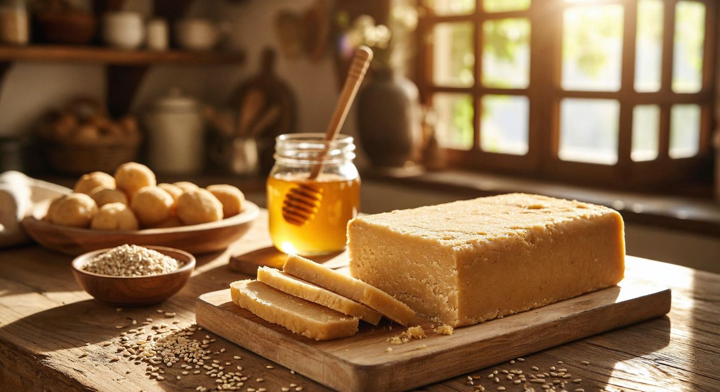 A golden-brown block of tahini halva on a wooden table in a sunny Turkish kitchen, with a jar of local honey and sesame seeds nearby, evoking warmth and tradition.