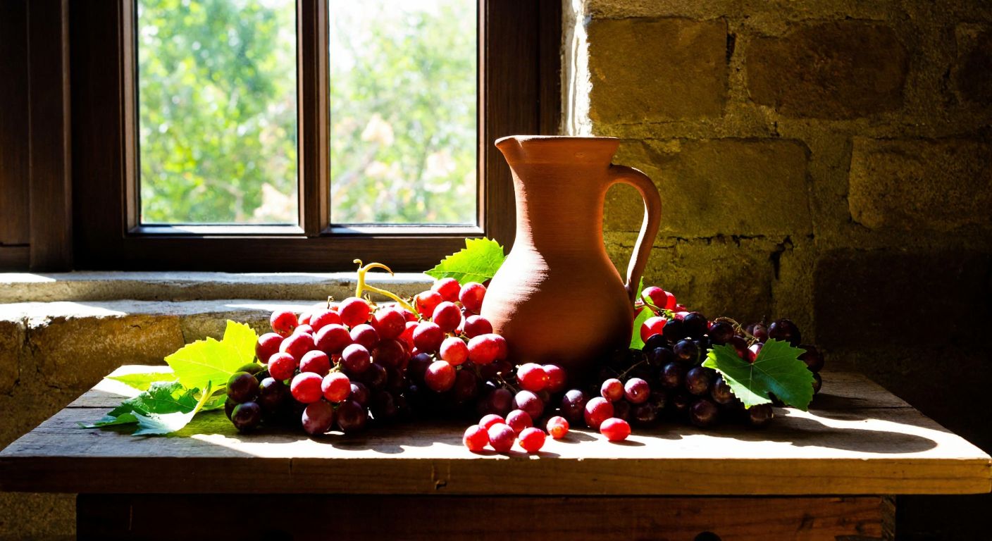 A rustic wooden table in a Turkish kitchen holds a clay pitcher of hardaliye surrounded by fresh purple grapes, black mustard seeds, and cherry leaves, with sunlight streaming through a window.