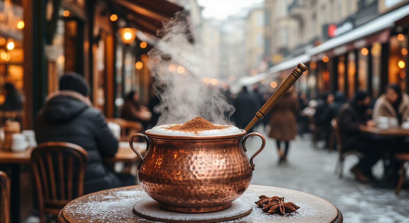 A traditional Turkish copper salep cauldron with a mechanical stirrer inside, steam rising from the creamy, cinnamon-dusted beverage, set against a cozy winter backdrop in a bustling Istanbul café.