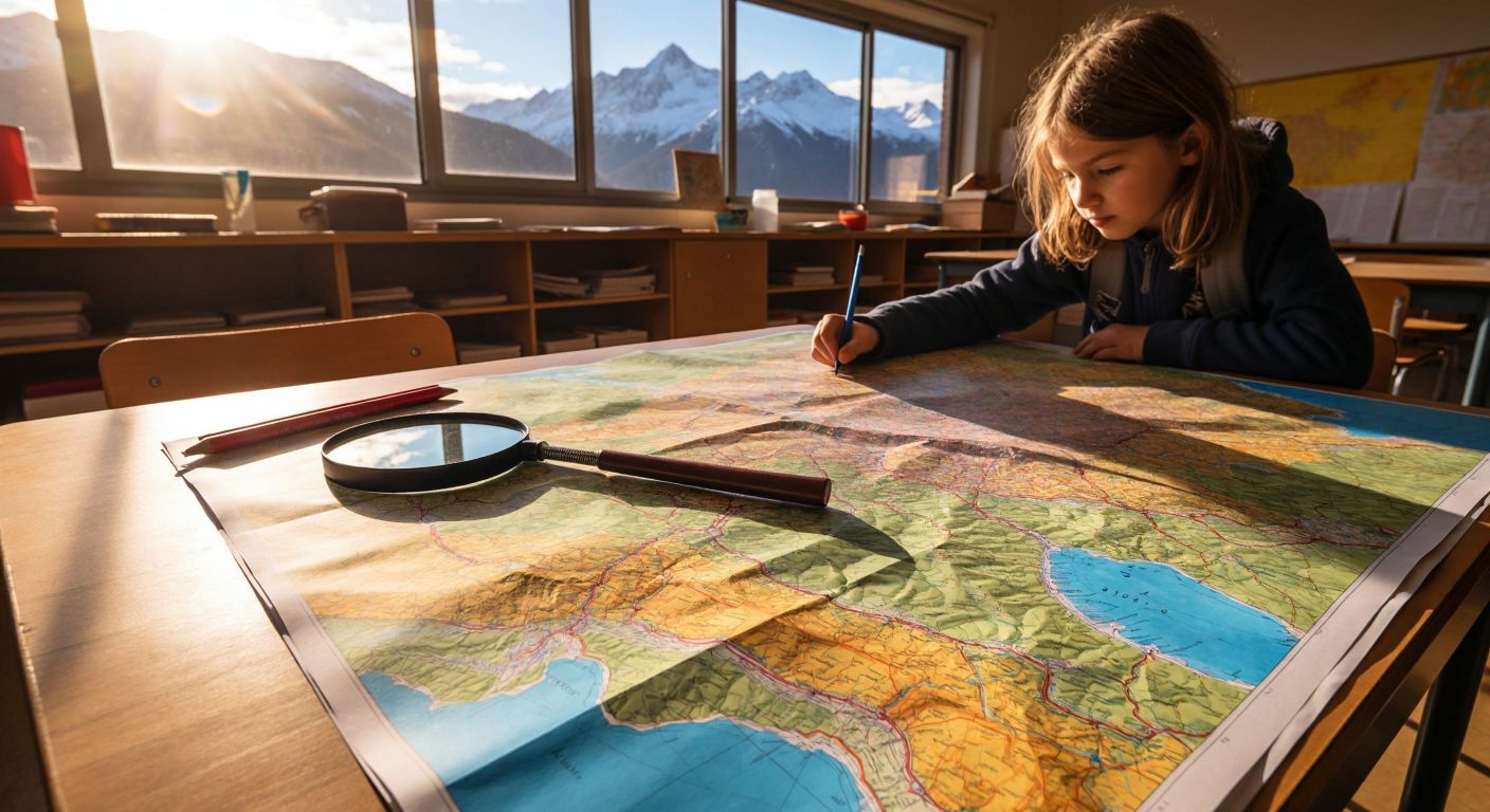 A vibrant, layered collage of colorful maps—topographic, political, and thematic—spread across a wooden table in a sunlit classroom, with a magnifying glass resting on one and a student’s hand tracing a mountain range.
