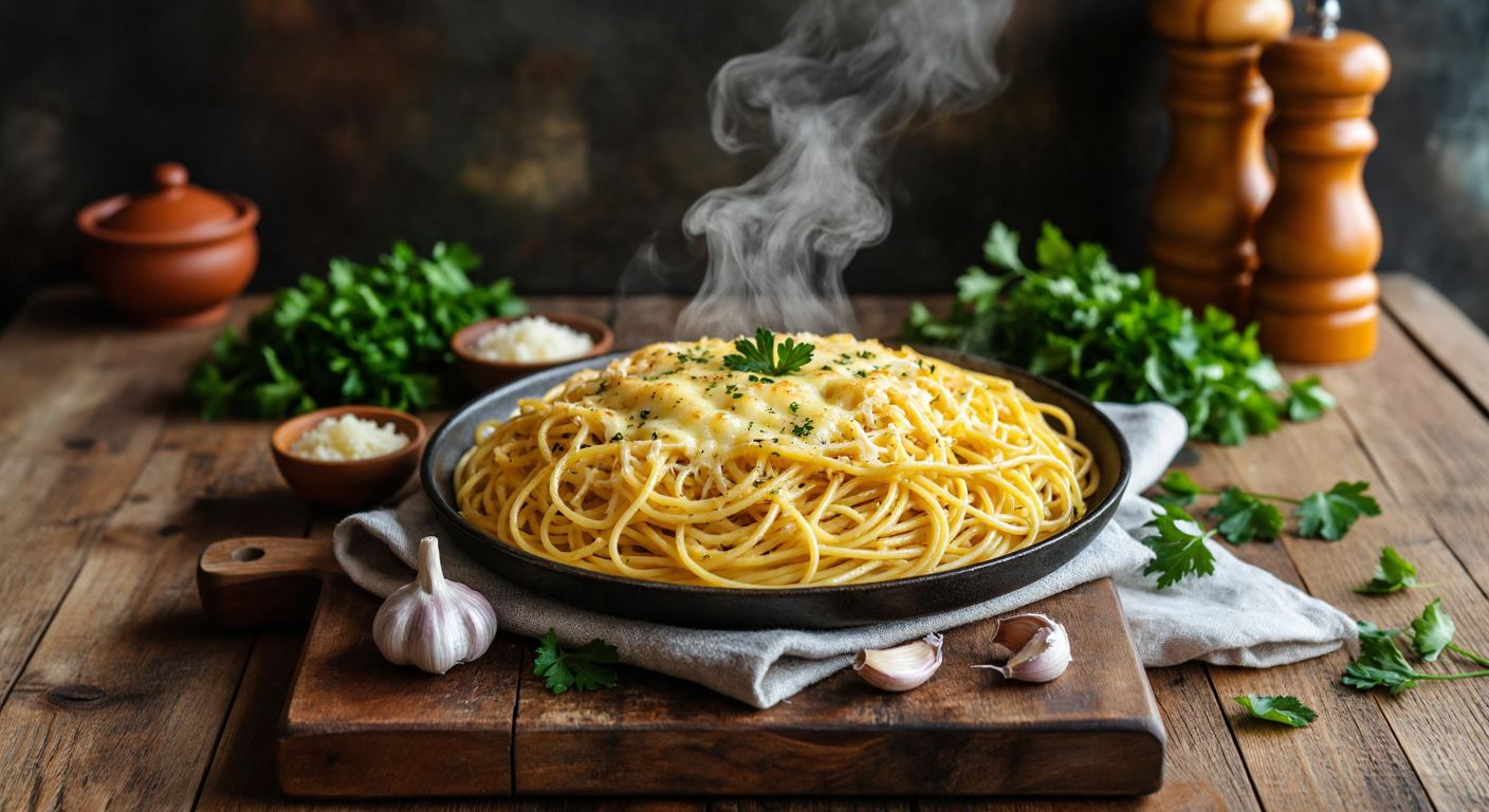 A steaming plate of golden-yellow spaghetti topped with melted kaşar cheese, surrounded by fresh parsley sprigs and a small bowl of minced garlic, set on a rustic wooden table in a Turkish kitchen.