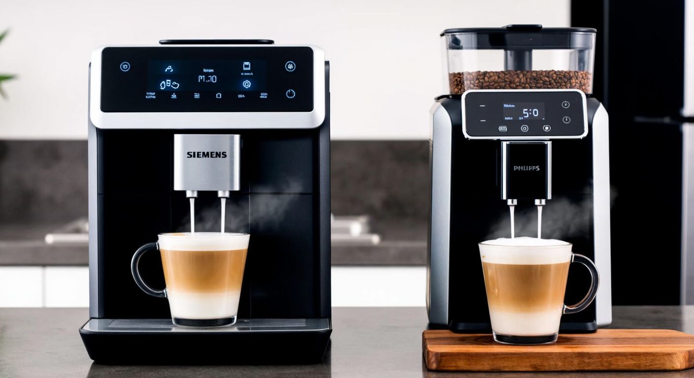 A sleek Siemens EQ700 and a Philips 5400 coffee machine side by side on a Turkish kitchen counter, steam rising from freshly brewed cups of espresso and latte macchiato.