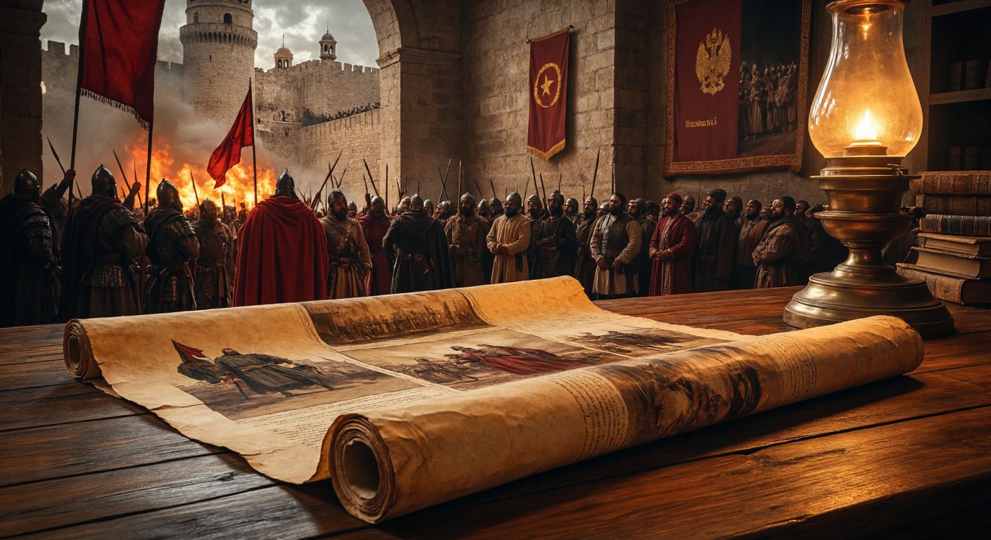 A weathered parchment scroll unfurled on a wooden table, depicting a montage of historical scenes—Mongol warriors storming a city, Galileo standing before robed judges, an old film projector, Soviet soldiers raising a flag, and a Turkish parliament chamber in heated debate—all bathed in the warm glow of an antique oil lamp.