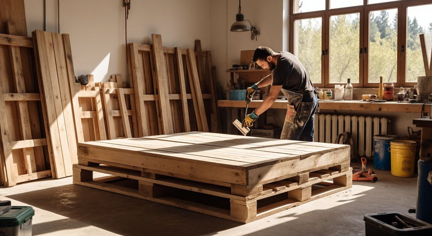 A sunlit workshop in Turkey with rough wooden pallets stacked neatly, a person in work gloves sanding one smooth, surrounded by tools, paint cans, and a half-finished pallet bed frame with a cozy mattress on top.