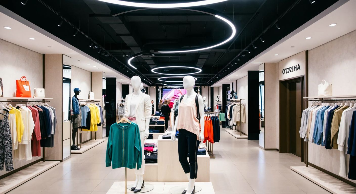 A sleek, modern clothing store in Moscow with mannequins dressed in casual outfits, surrounded by shoppers browsing racks of colorful garments.