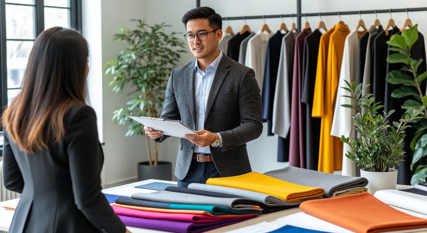 A well-dressed professional in a modern office confidently presents colorful fabric samples to attentive business clients in a textile showroom.