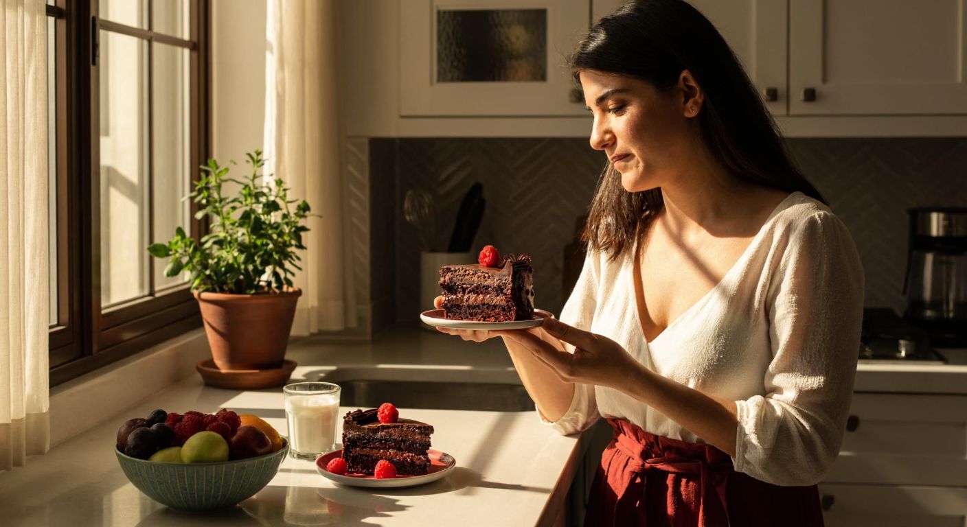 A Turkish woman hesitantly holds a small slice of Ülker chocolate cake while a bowl of fresh fruit and yogurt sits nearby on a sunlit kitchen counter.