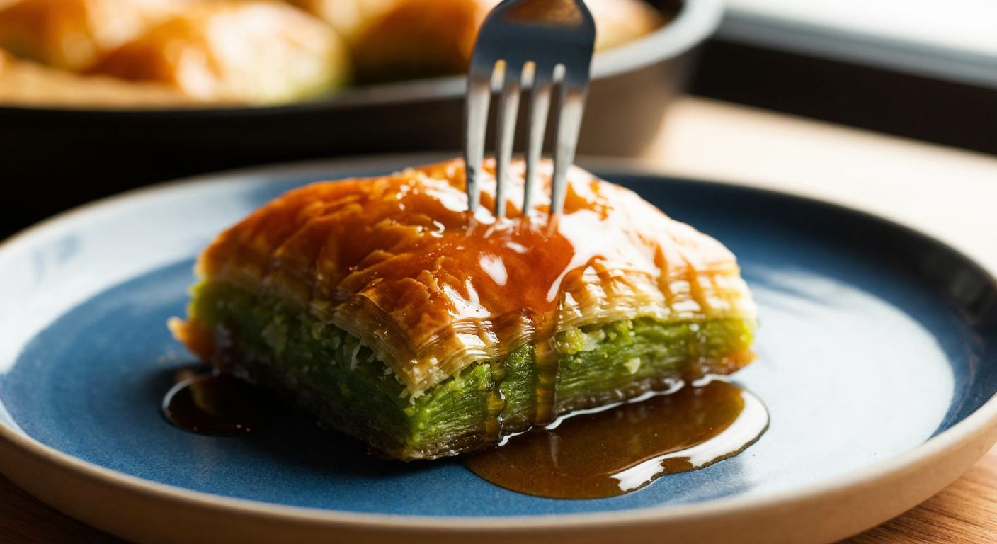 A plump, glistening Turkish baklava oozing syrup on a ceramic plate, with a fork poised to take a bite, evoking indulgence and sensory pleasure.