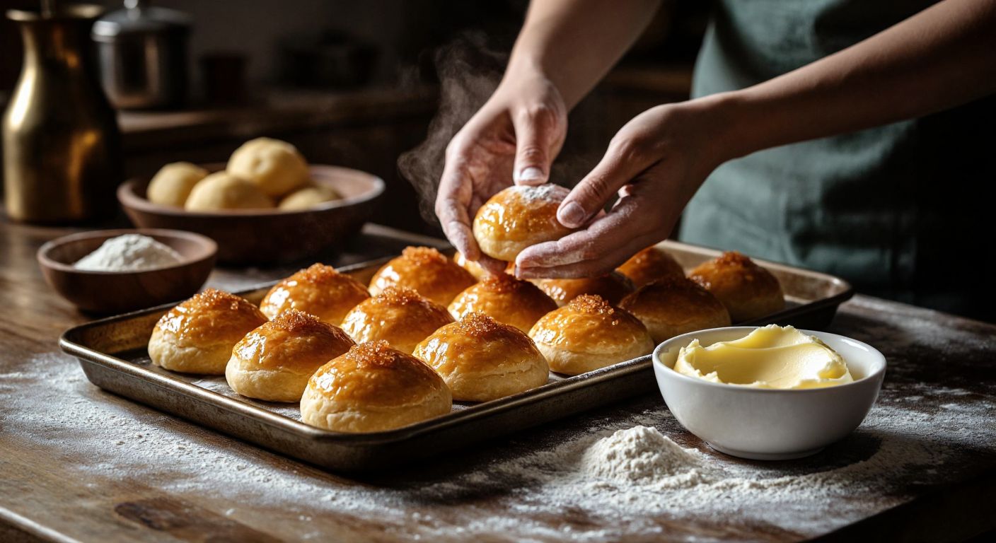 A warm Turkish kitchen with golden-brown *hurma tatlısı* pastries on a tray, hands dusted with flour kneading soft dough, and a bowl of melted butter nearby, evoking a cozy, traditional cooking atmosphere.