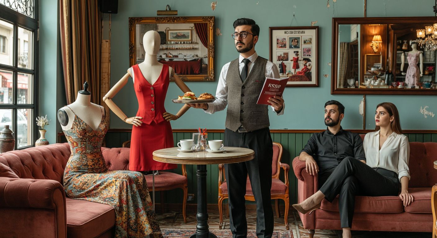 A bewildered waiter in a Turkish café balancing a tray while holding a KPSS exam booklet, next to a fashion boutique mannequin with exaggerated measurements and a therapist's couch occupied by a confused-looking couple.