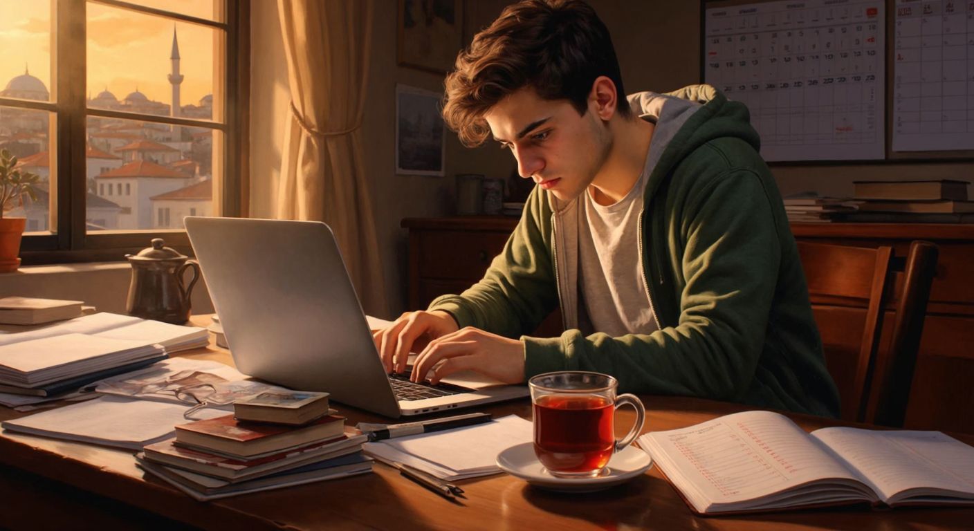 A young student in Istanbul anxiously checks a laptop while sitting at a wooden desk with a steaming cup of Turkish tea, surrounded by scattered notebooks and a calendar marked with exam dates.