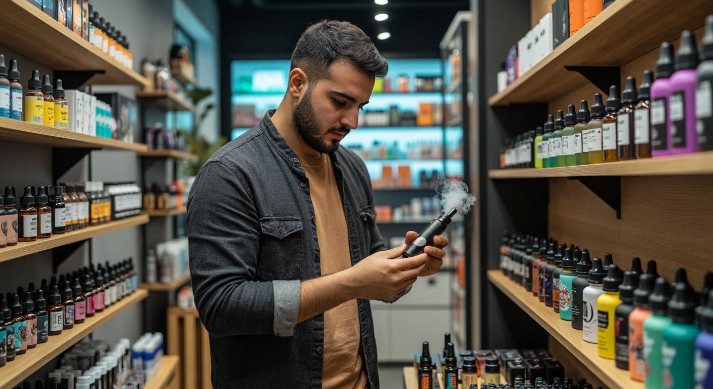 A Turkish man in a casual outfit carefully examines a sleek electronic cigarette in a well-lit vape shop, surrounded by colorful e-liquid bottles and charging accessories on display shelves.