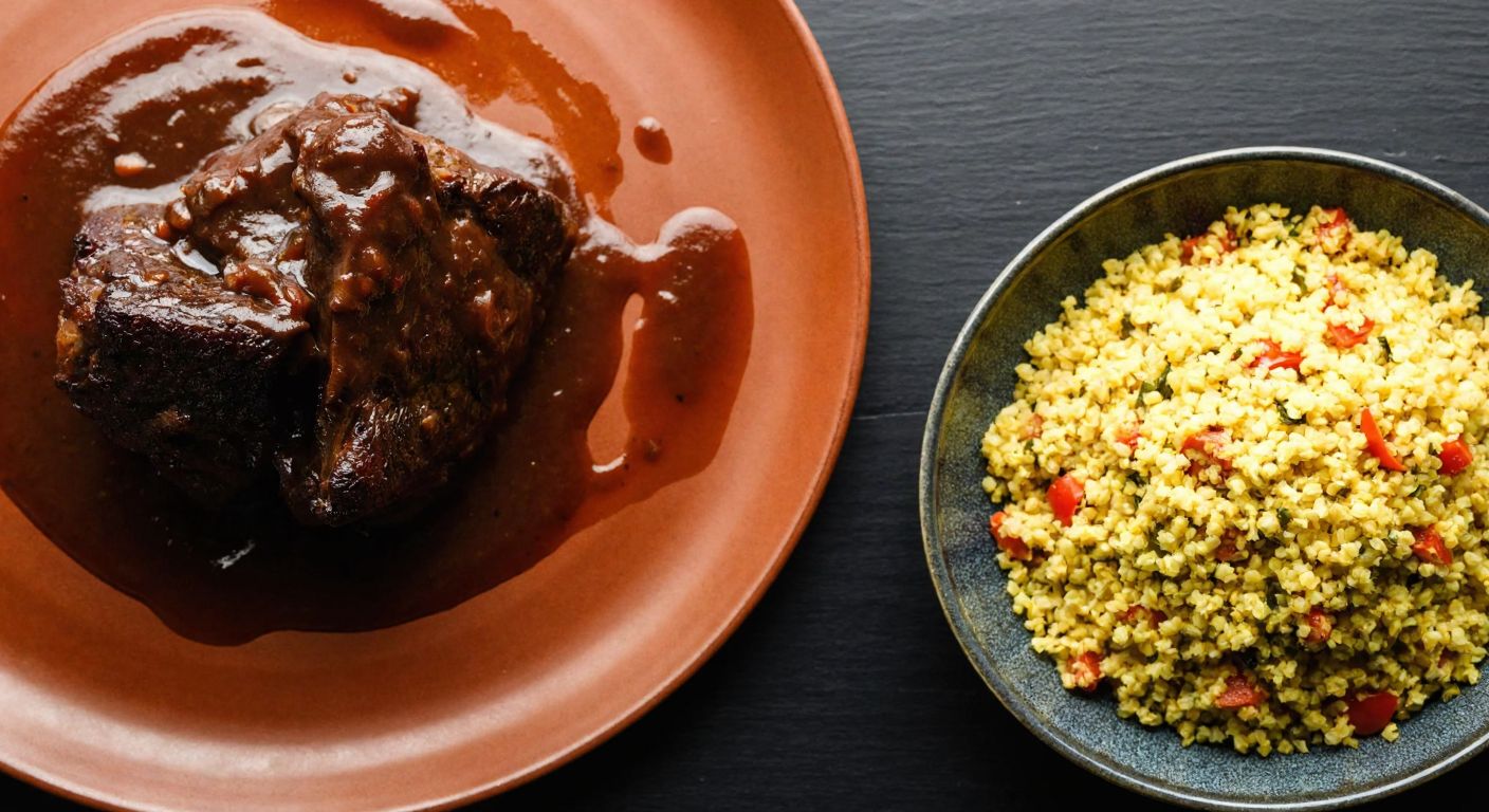 A tender, slow-cooked beef cheek glistening with rich sauce, served on a rustic clay plate beside a steaming bowl of Turkish bulgur pilaf, evoking warmth and savory delight.
