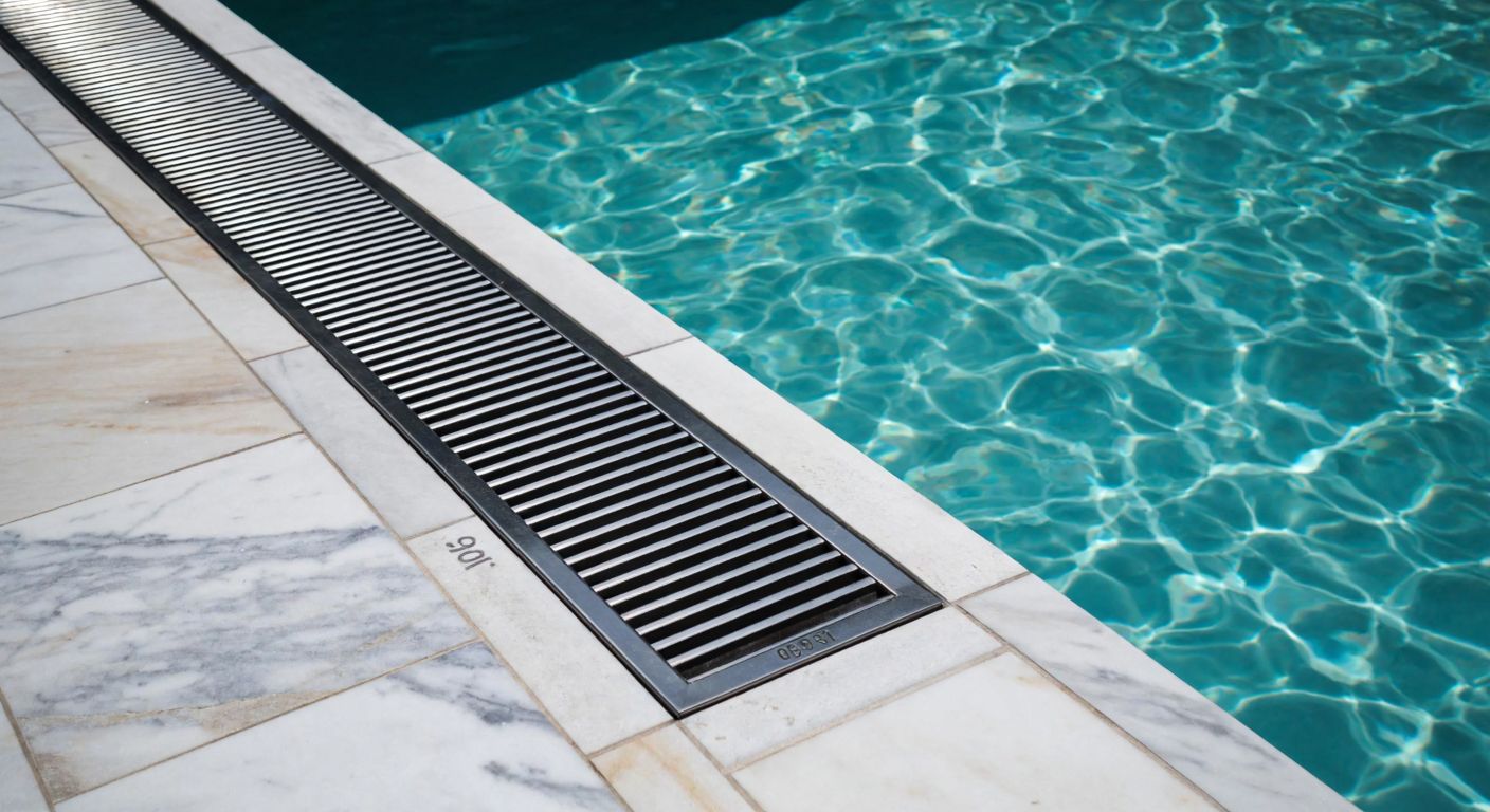 A close-up of a sturdy, stainless steel pool grate with visible measurement markings (without numbers) resting on the edge of a sunlit turquoise pool, surrounded by sleek marble tiles in a modern Turkish villa garden.
