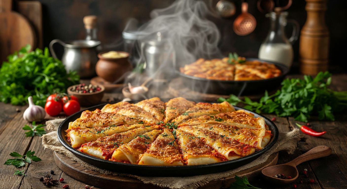 A steaming plate of **şebit**, a traditional Kayseri dish with golden layers of dough, served on a rustic wooden table surrounded by fresh herbs and a warm, inviting kitchen backdrop.