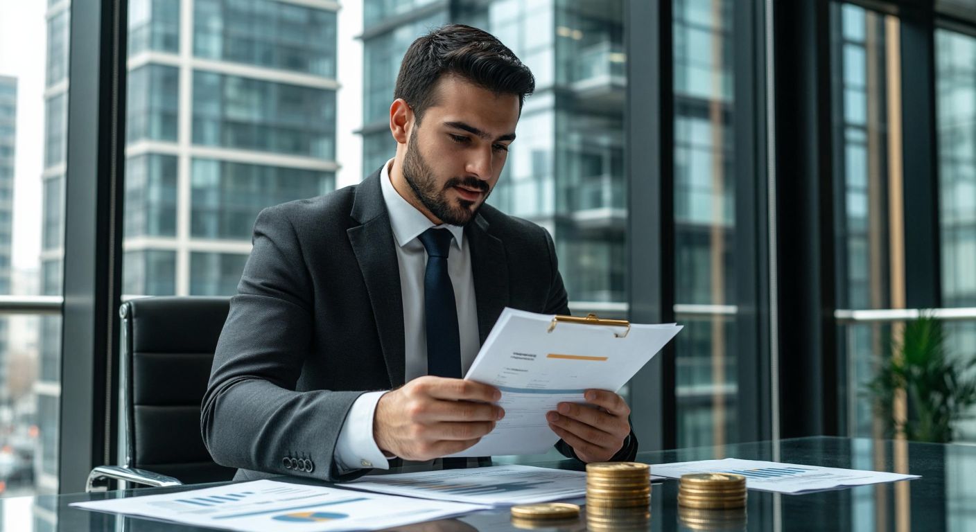 A well-dressed Turkish businessman in a modern office confidently reviews financial documents with a golden coin symbolizing ethical investment, framed by a sleek glass building in Istanbul.