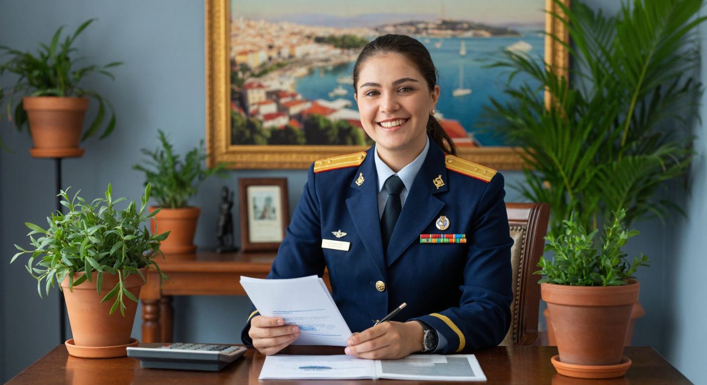 A Turkish bank clerk in a formal blue uniform smiles warmly while holding a small stack of papers with a calculator and a pen on a wooden desk, surrounded by potted plants and a framed photo of a coastal Turkish city.