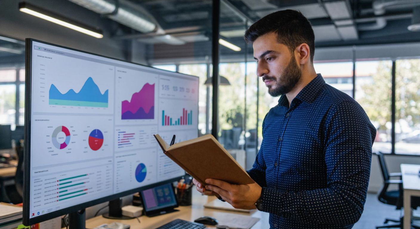 A focused Turkish data analyst in a modern office, examining colorful statistical charts and graphs on a large monitor while holding a notebook with handwritten calculations.