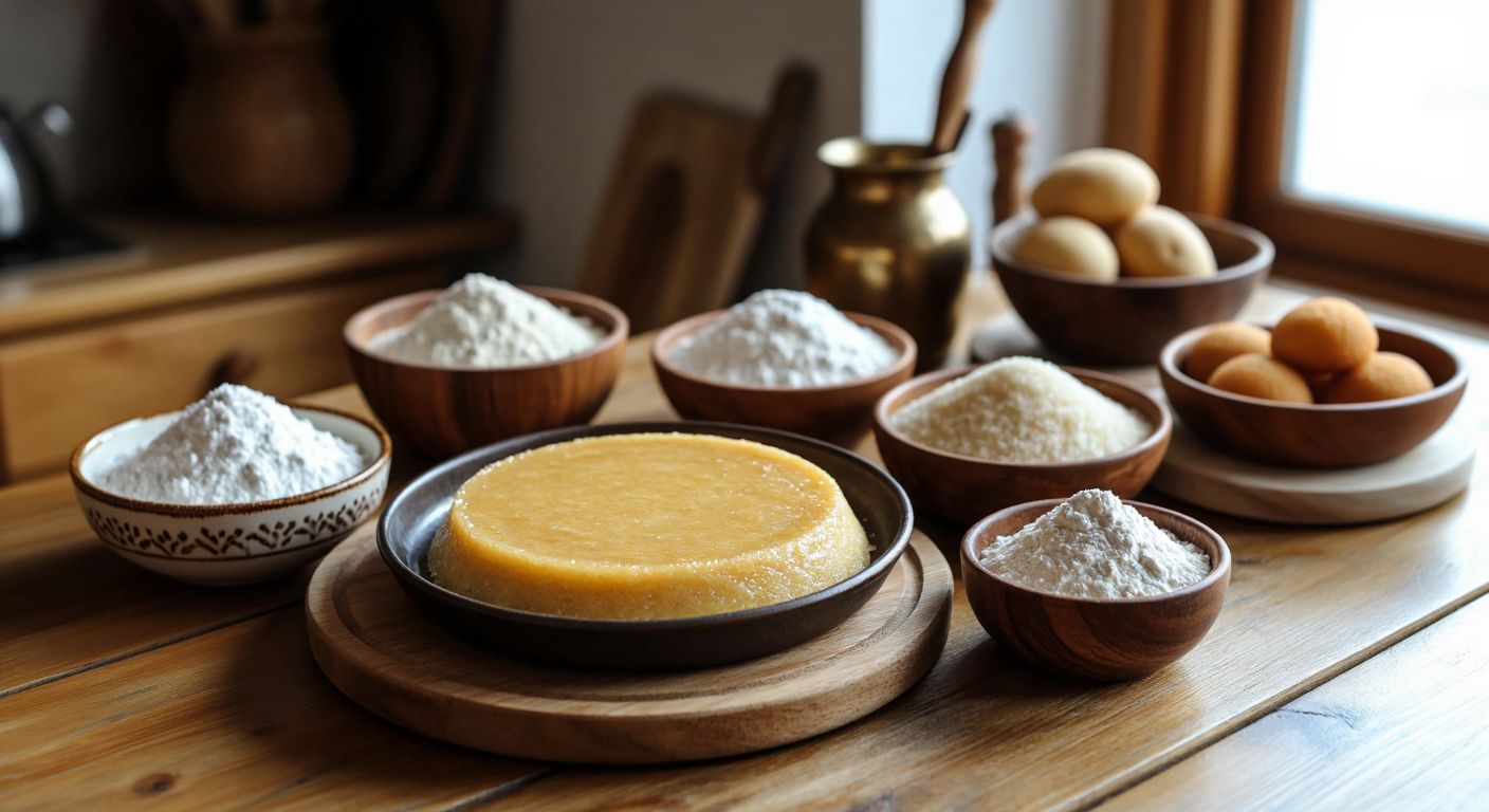 A warm Turkish kitchen with a wooden table displaying small bowls of wheat flour, rice flour, potato starch, oat flour, almond flour, and coconut flour, arranged neatly beside a golden-brown halva dessert, evoking curiosity and culinary exploration.