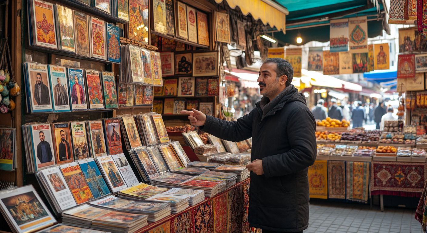 A vibrant Turkish bazaar stall displays colorful A3-sized posters of concert announcements, folded brochures for local events, and hand-drawn architectural blueprints, with a shopkeeper enthusiastically pointing at them.