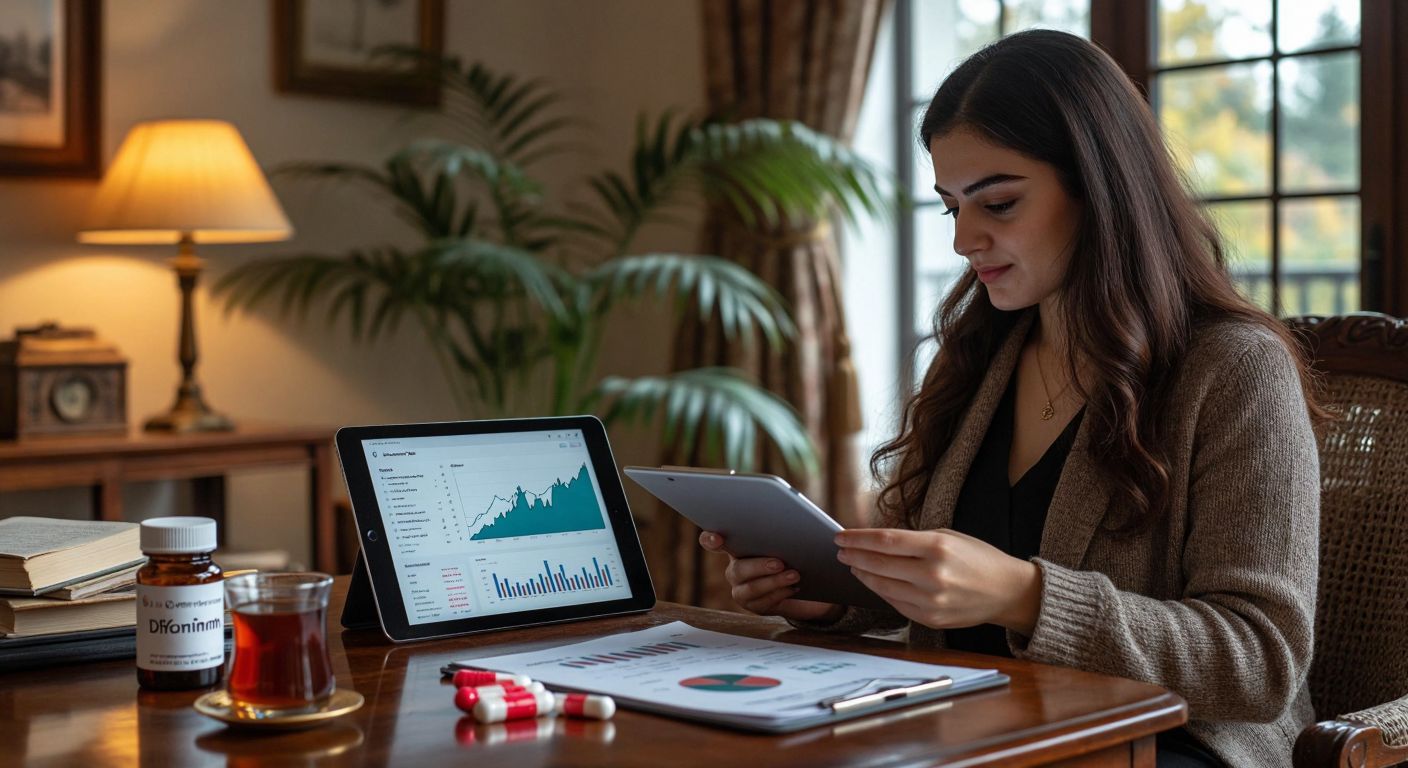 A Turkish woman in a cozy home office reviews financial charts on a tablet while a small pill bottle labeled "Diaformin" sits beside a cup of traditional Turkish tea.