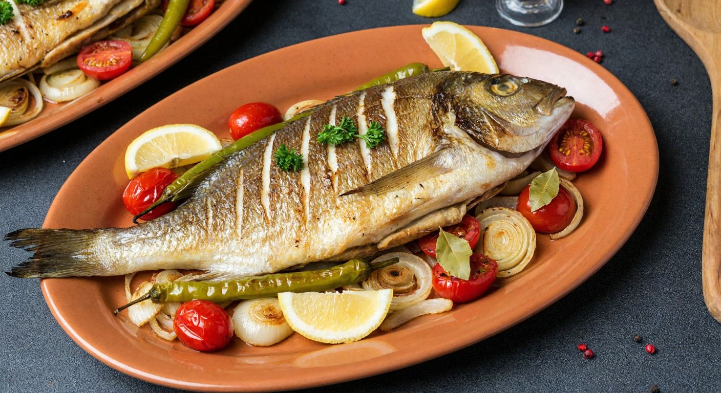 A golden-brown sinarit fish, garnished with lemon slices, parsley, and green peppers, rests on a rustic ceramic platter beside a sizzling oven tray filled with sautéed onions, tomatoes, and bay leaves, evoking the warmth of a Turkish seaside kitchen.