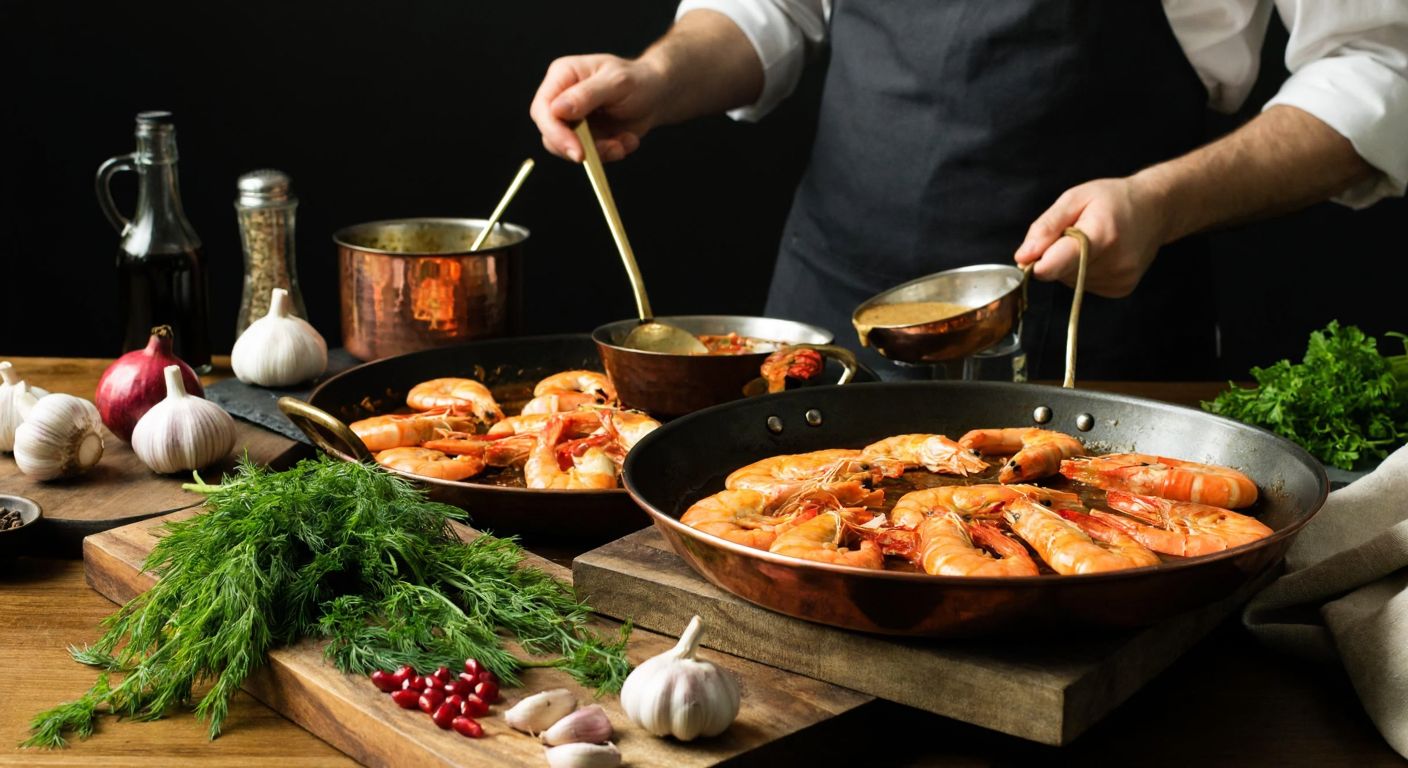 A vibrant Turkish kitchen scene with plump jumbo shrimp sizzling in a pan, surrounded by fresh ingredients like garlic, dill, and pomegranate molasses, while a chef in an apron carefully stirs a creamy, spicy sauce in a copper pot.