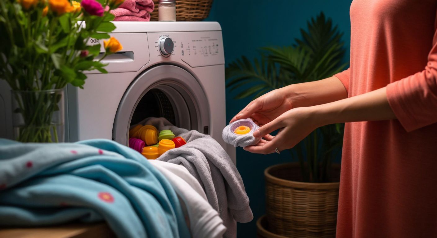 A person in a Turkish home carefully placing a small, colorful scent capsule into the designated slot of a dryer, with fresh laundry piled nearby and a faint floral aroma in the air.